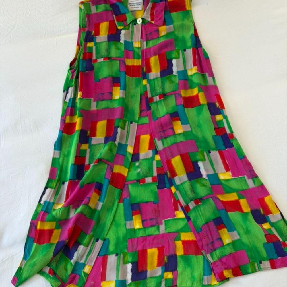 Vintage Benetton 90s Abstract Watercolor Split Maxi Dress Made in Italy IT 42